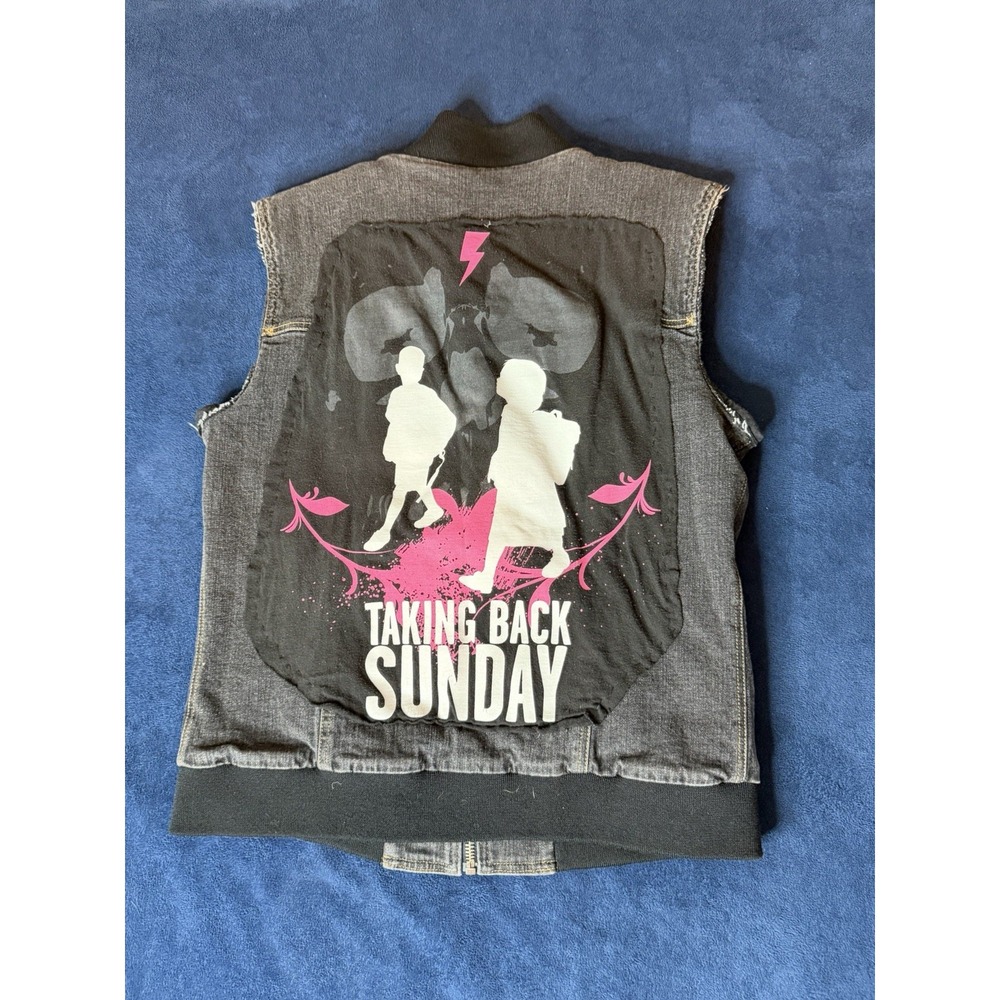INC Taking Back Sunday Custom Denim Vest Womens Small Black Band Graphic Zip Up